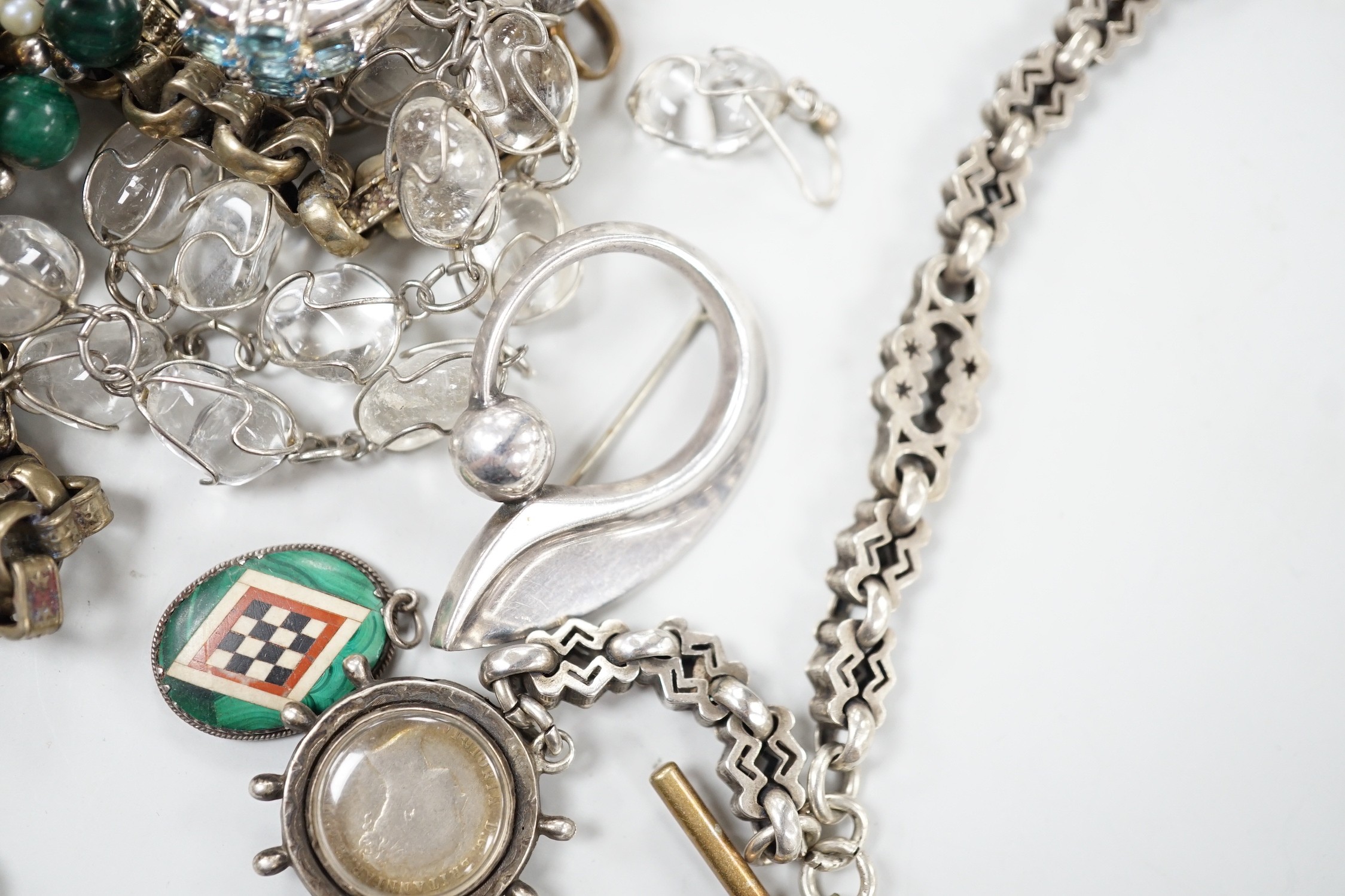 Sundry jewellery including two Victorian albertina's including white metal, a malachite necklace, rock crystal necklace, Danish 925 brooch, etc.